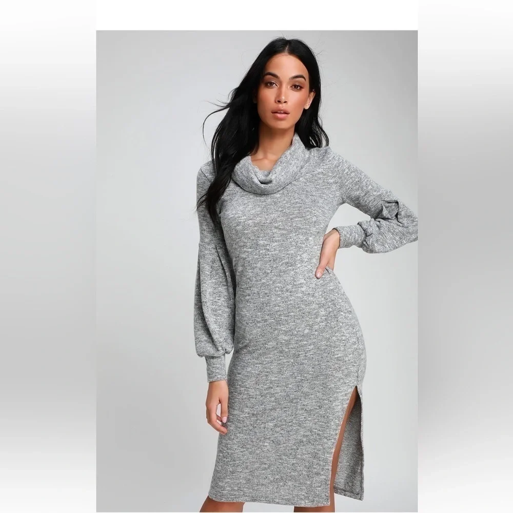 Lulus Mattea Heathered‎ Grey Cowl Neck Midi Sweater Dress women's XS